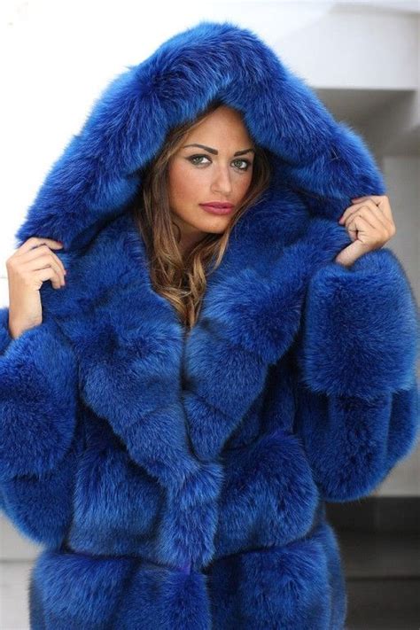 Dyed Blue Hooded Fox Fur Coat