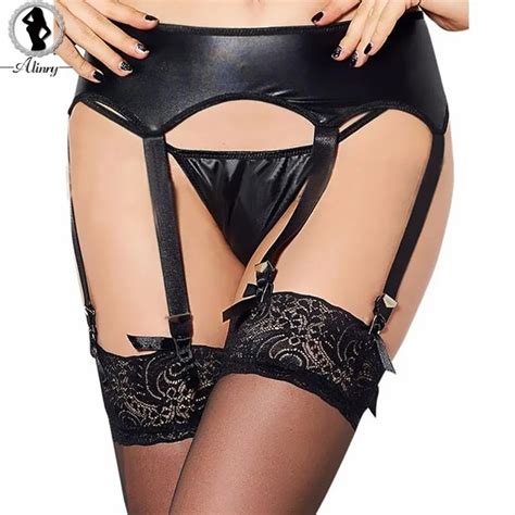 Alinry New Sexy Lingerie Black Faux Leather Latex Garters Belt Women Plus Size Garterg String