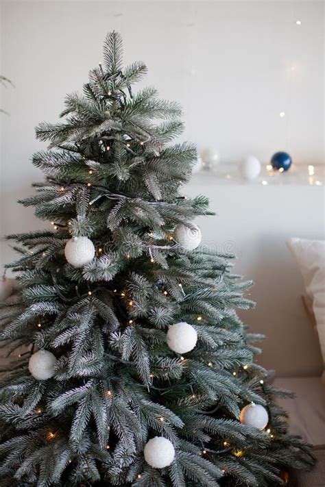 Christmas Tree With White Decorations Lights Stock Photo Image Of