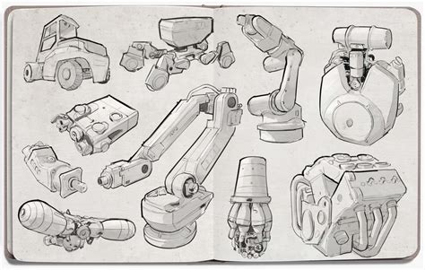 Maybe you would like to learn more about one of these? Some robotic arms and mechanical parts sketches : drawing