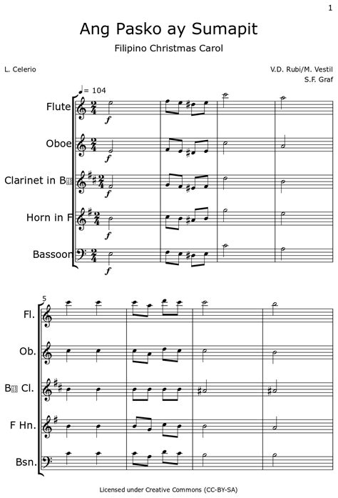 Ang Pasko Ay Sumapit Sheet Music For Flute Oboe Clarinet Horn In F