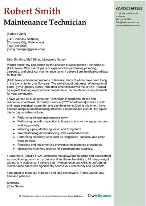 Maintenance Technician Cover Letter Examples Qwikresume