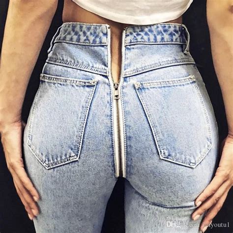 2019 trendy open crotch jeans butt zip back zipper women sexy leggings straight denim high waist