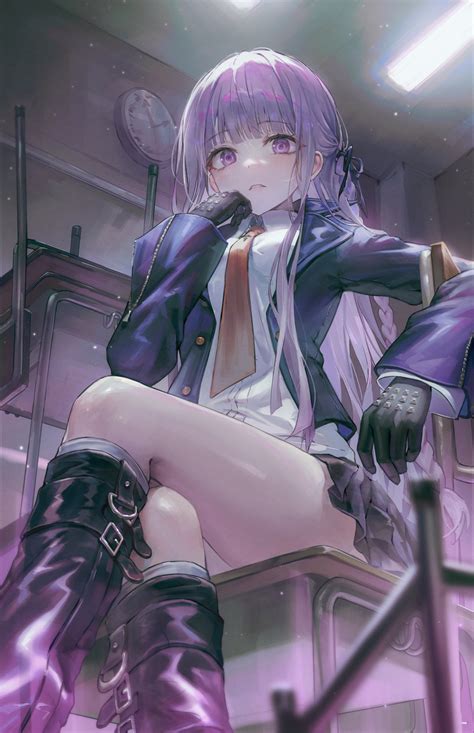 Anime Anime Girls Vertical Long Hair Purple Eyes Low Angle Legs Crossed Gloves Purple Hair