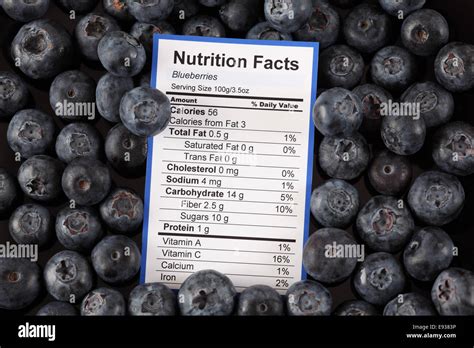 Nutrition Facts Of Blueberries With Blueberries Background Stock Photo