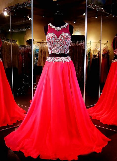 Red Two Piece Prom Dresses A Line Gown Beaded Crop Top Keyhole Back