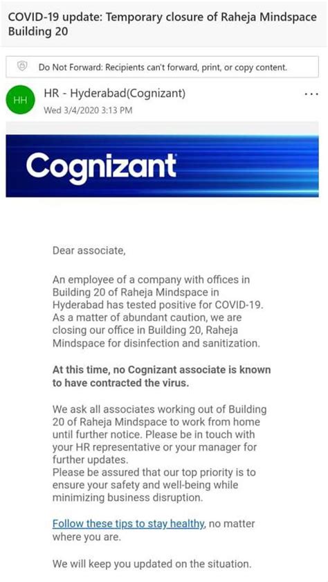 Failure to do this can result in an employee taking action of their own which could result in a company being taken to an industrial tribunal because of unfair and/or unlawful treatment. Coronavirus update: Cognizant shuts Hyderabad office, asks ...