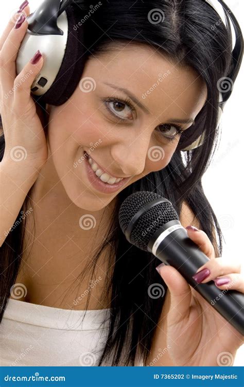 Smiling Woman Posing With Headphone And Microphone Stock Photography