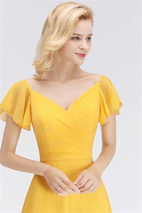 Bmbridal Elegent Short Sleeve Long Bridesmaid Dress Online Yellow Chiffon Wedding Party Dress