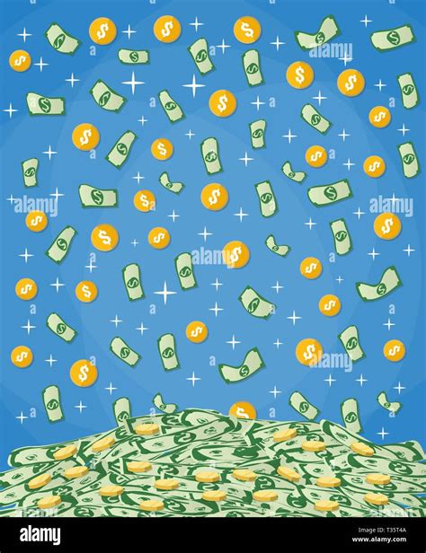 Falling Money Dollars And Gold Coins Into Big Pile Of Cash Vector