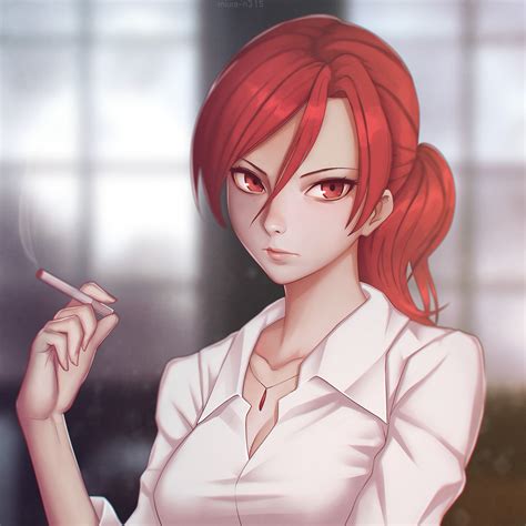 Long Hair Redhead Red Eyes Anime Anime Girls Open Shirt Smoking