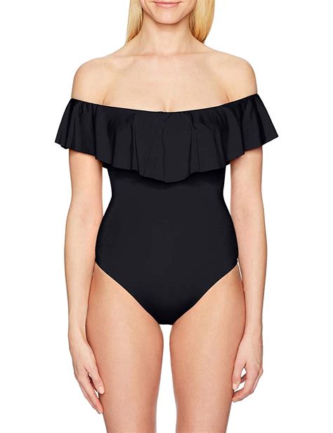 Women S Off Shoulder Ruffle One Piece Swimsuit Black Size 6 0 IyLD