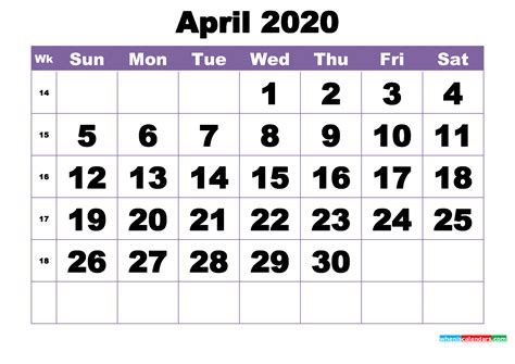April 4 2020 Calendar Calendar Printables Free Templa