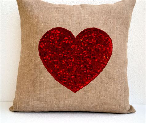 Handmade Red Heart Pillow Cover With Sequin And Personalized Message