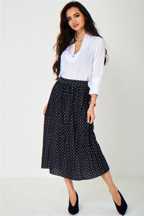 pleated polka dot black skirt key features pleated upper elasticated waistband polka dot