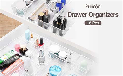 Puricon 16 Pcs Desk Drawer Organizers Trays Set Clear Plastic Storage