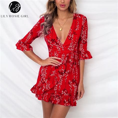 Lily Rosie Girl Half Sleeve Chiffon Sexy Summer Dress Red Deep V Neck Boho Beach Dress Print