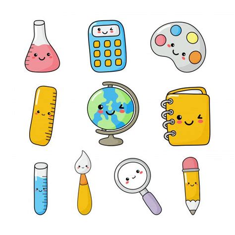 Premium Vector Set Of Cute Funny School Supplies Kawaii Style