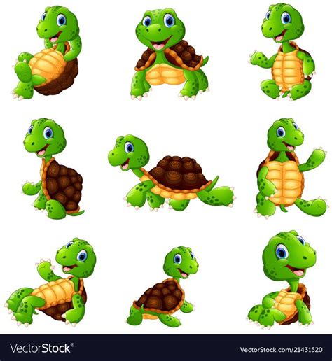 A Set Of Cartoon Turtles With Different Poses And Expressions For Each
