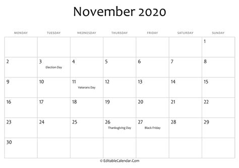 November 2020 Printable Calendar With Holidays