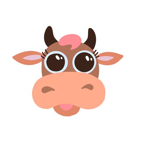Cute Brown Cow Smiling Face With Big Eyes Flat Vector Icon Isolated On