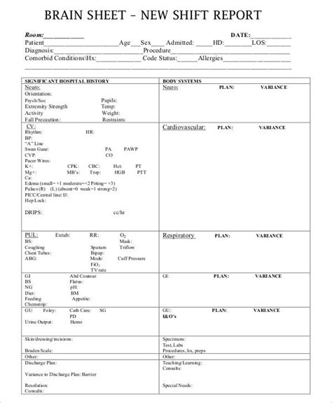 Printable Nursing Report Sheet Template Printable Templates Free
