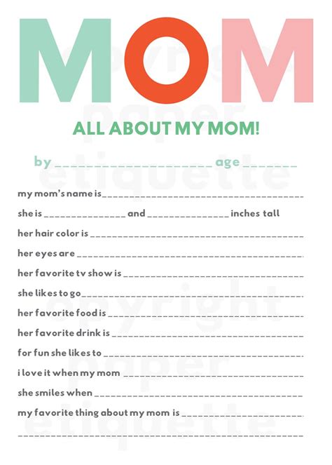 All About My Mom Printable Mothers Day T Mom Fill Etsy