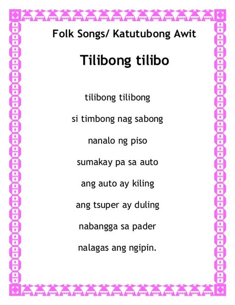 Mga Katutubong Awit Folk Song Lyrics Unangpino