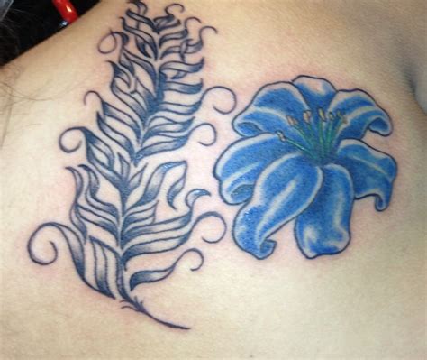 Blue Lily With Strength Lies With In Feather Flower Tattoo Print