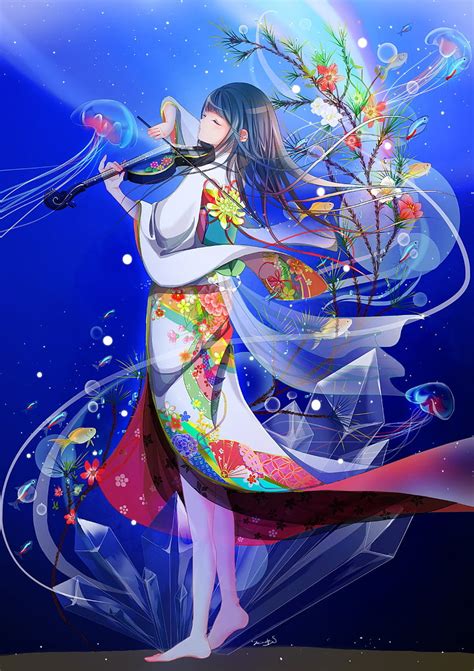 Anime Girl Violin Japanese Outfit Kimono Anime Hd Wallpaper