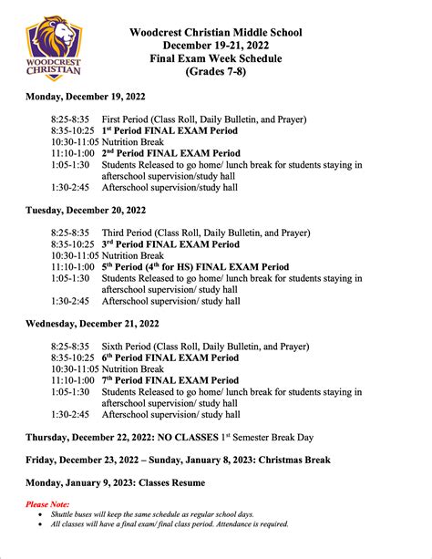 Middle School Final Exams Schedule - Woodcrest Christian School System