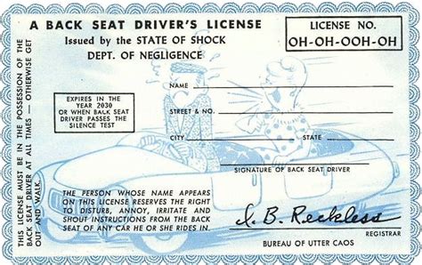Backseat Drivers License Funny Certificates Funny Awards Drivers