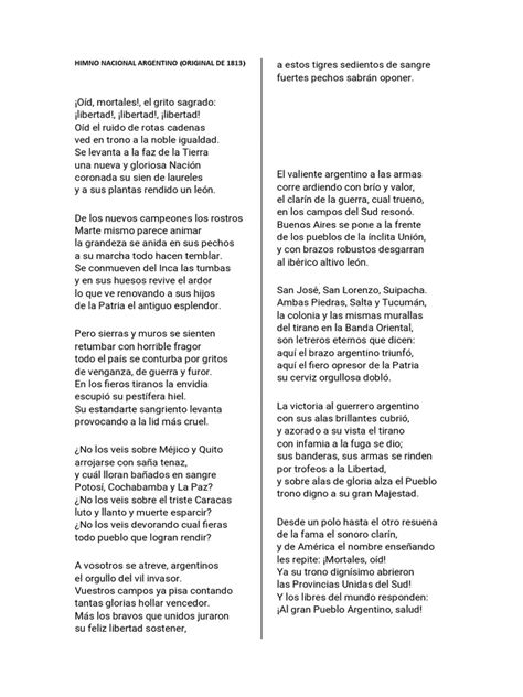 Letra Original 1813 Himno Nacional Argentino Pdf Himnos Himnos