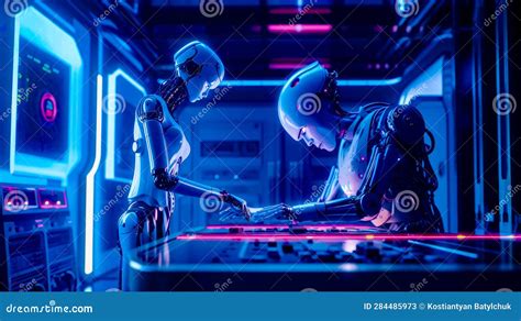 Couple Of Robots That Are Standing In Front Of Computer Screen In Room
