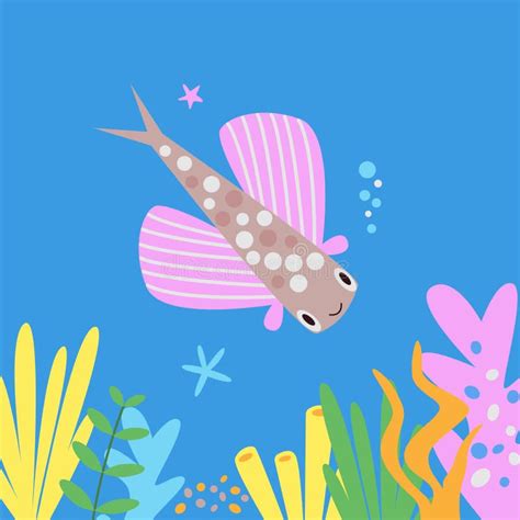 Cute Pink Flying Fish Swimming On Coral Reef Vector Stock Vector