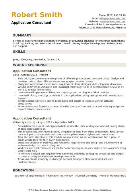 See professional examples for any position or industry. Application Consultant Resume Samples | QwikResume