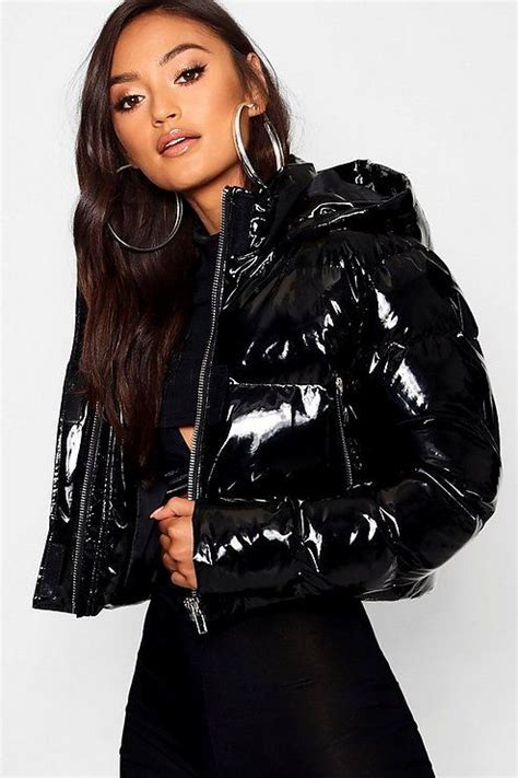 Hooded Vinyl Puffer Jacket Black Puffer Coat Puffer Jacket Outfit