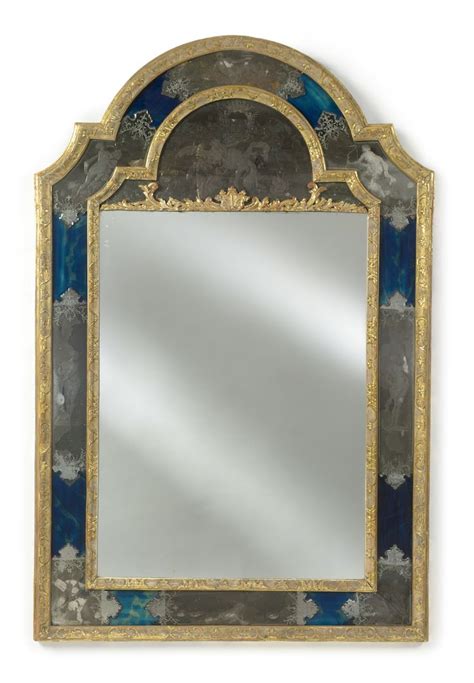 568 An Italian Blue And Etched Glass Inlaid Giltwood Mirror Venice