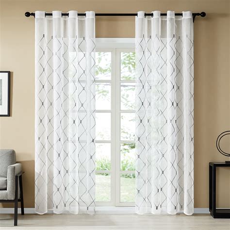 topfinel white sheer curtains 90 inches long gray embroidered diamond grommet window curtains