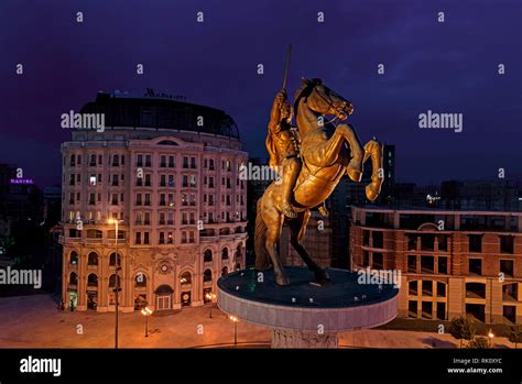 Night View Of The Aleksandar Makedonski Alexander Of Macedon Statue