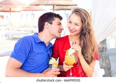 Happy Couple Drinking Cocktails Beach Bar Stock Photo