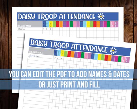 girl scout attendance sheets editable printable etsy