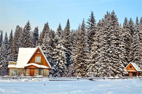 Seasons Winter Forests Houses Snow Spruce Village Hd Wallpaper