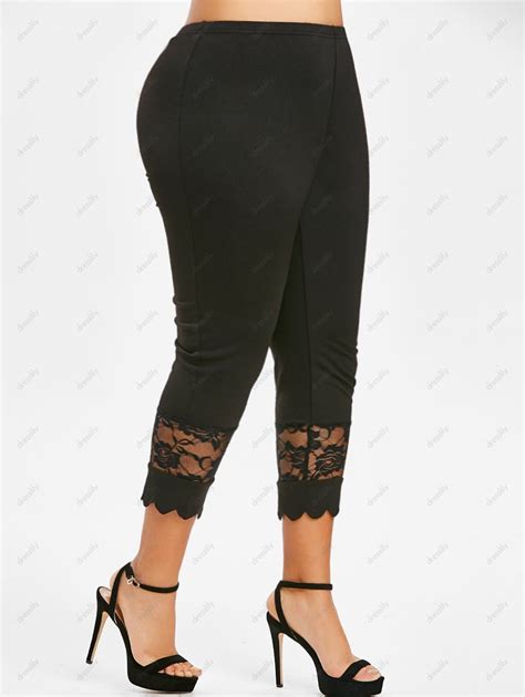 OFF Plus Size Cropped Lace Panel Leggings In BLACK DressLily