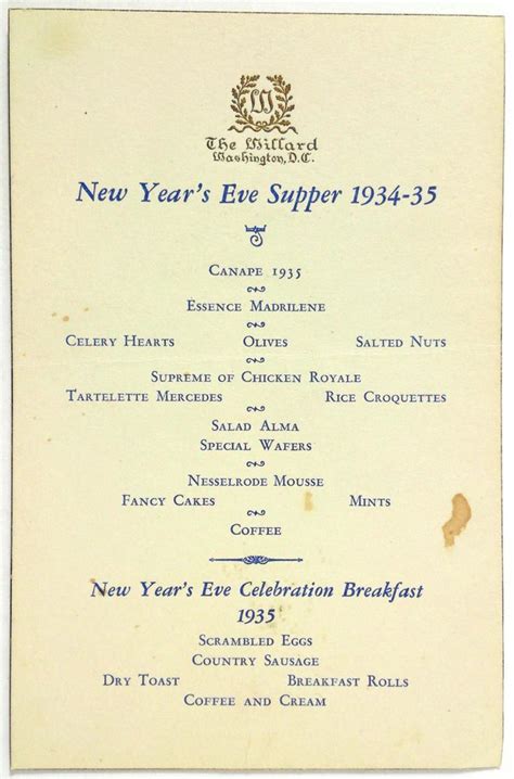 If you're having a new year's eve dinner party look no further than nigella's wonderfully fresh and festive menu. 1934 1935 NEW YEAR'S EVE Dinner Breakfast Menu Willard ...