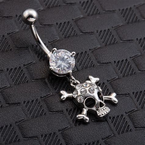 Womens Steel Body Piercing Crystal Rhinestone Skull Navel Ring Belly Button Barbelly Button