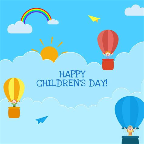 Happy Childrens Day Greeting Card Design With Cute Kids Flying In Hot