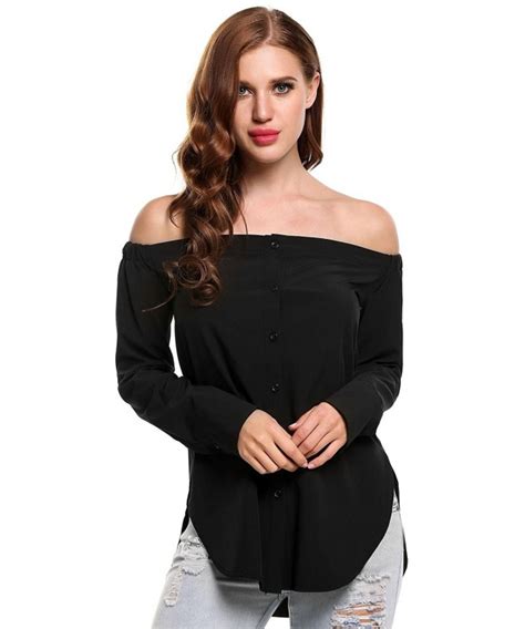 Womens Casual Off Shoulder Button Down Long Sleeve T Shirt Blouse Tops
