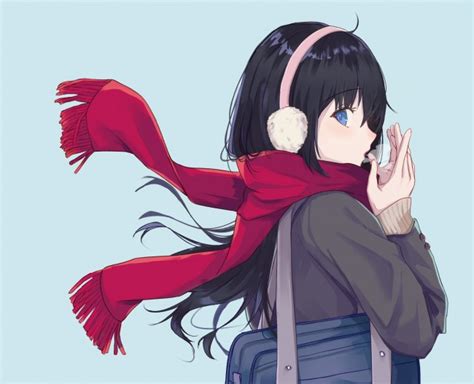 Wallpaper Red Scarf Black Hair Anime Girl Profile View Winter