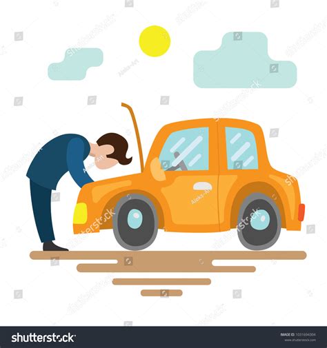 Breakdown Car Man Trying Fix His Stock Vector Royalty Free 1031694304